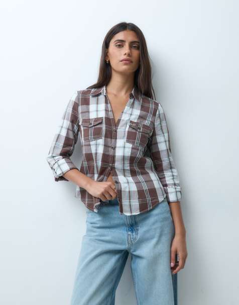 Hollister camisa de franela entallada con cuello de pico y y2k a cuadros marrones - view 1