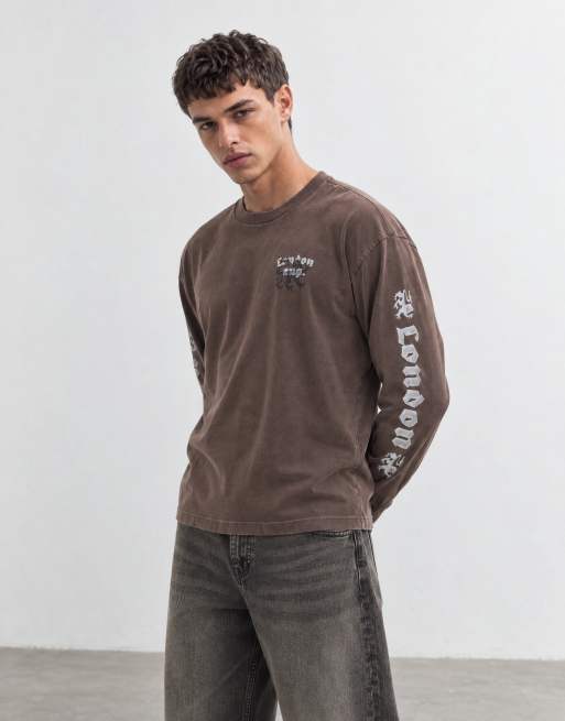 Hollister camiseta de manga larga con estampado en la espalda en marrón, 6 de 10