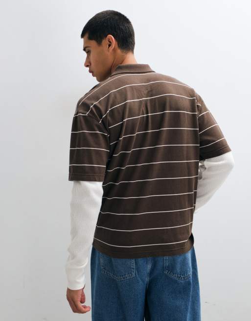 Hollister camiseta polo 2 en 1 de manga larga a rayas marrones, 5 de 5