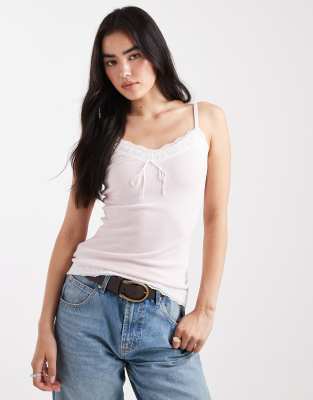Hollister - Camisole-Oberteil im Y2K-Stil aus rosa Pointelle mit Spitzenborte-Marineblau