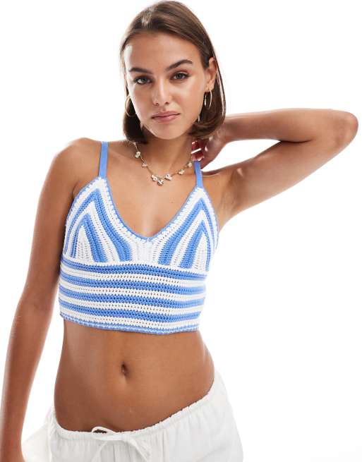 Hollister - Canotta all'uncinetto blu e bianca a righe