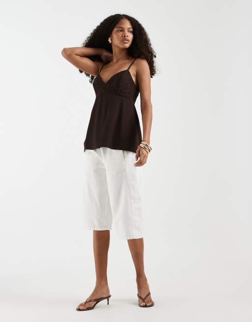 Hollister - Canotta babydoll con scollo a V, godet e pizzo marrone, 2 di 4