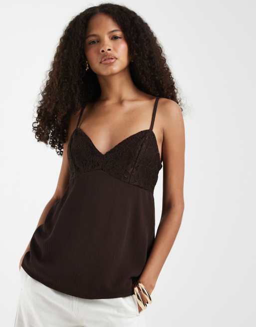 Hollister - Canotta babydoll con scollo a V, godet e pizzo marrone, 3 di 4