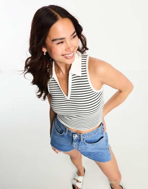 Hollister - Canotta stile polo a righe bianco e nero, 3 di 4