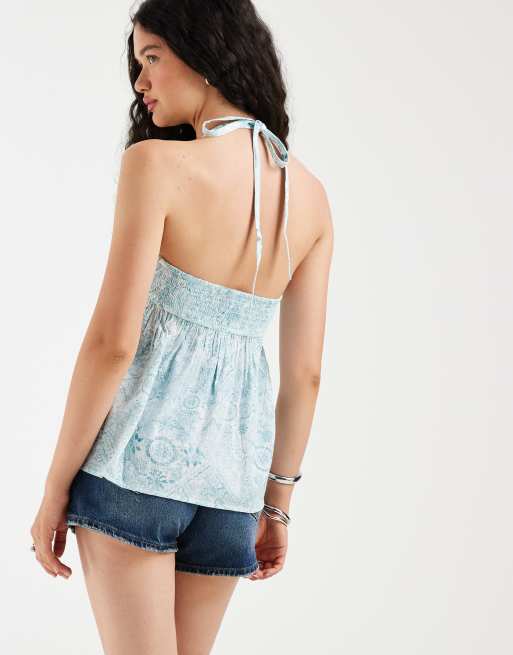 Hollister - Canottiera babydoll allacciata al collo azzurra, 3 di 4