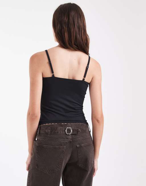 Hollister canottiera scivolata con bordo in pizzo nera, 3 di 4