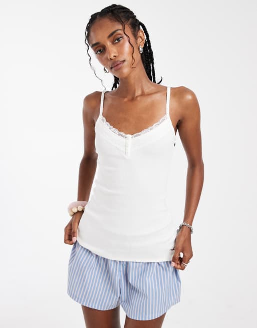 Hollister - Canottiera serafino bianca con finiture in pizzo