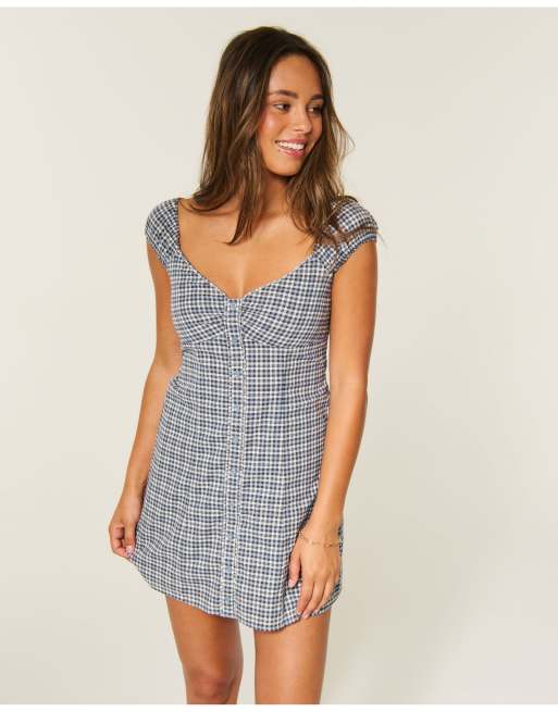 Hollister Cap sleeve button mini dress in navy plaid