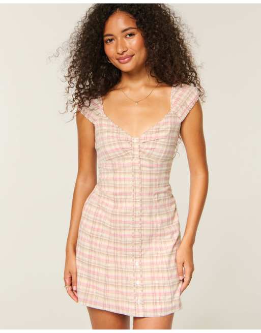 Hollister Cap sleeve button mini dress in pink and brown plaid