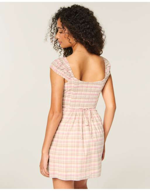 Hollister Cap sleeve button mini dress in pink and brown plaid, 3 of 4