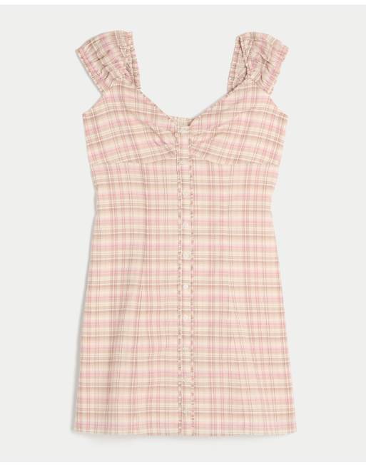 Hollister Cap sleeve button mini dress in pink and brown plaid, 4 of 4