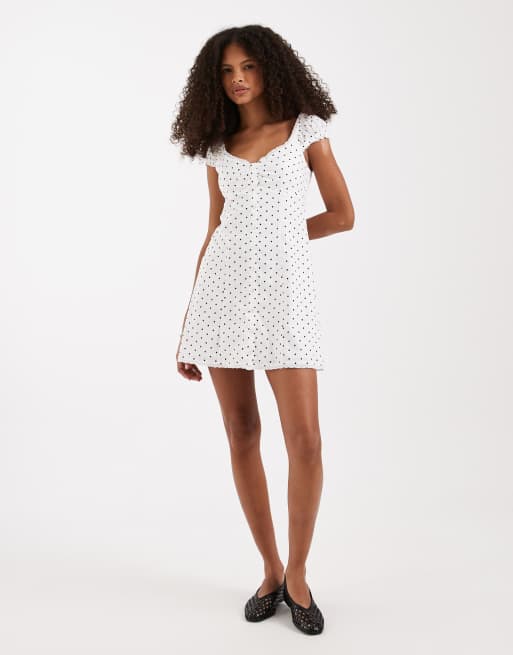 Hollister cap sleeve button through mini dress in white polka dot, 2 of 4