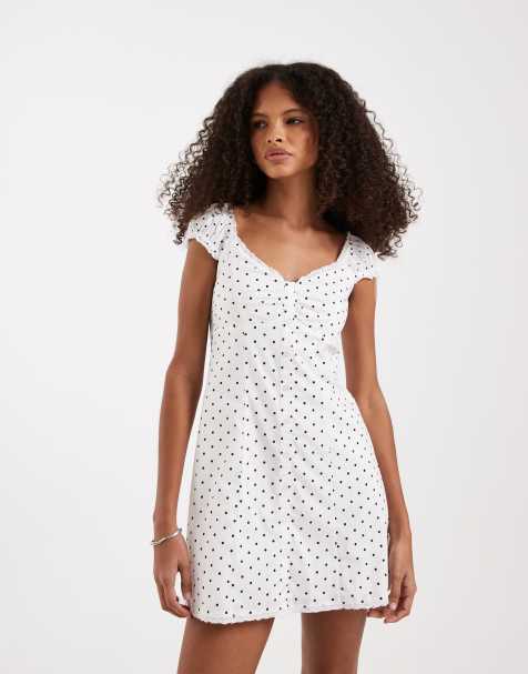 Hollister cap sleeve button up mini dress in white polka dots - view 1