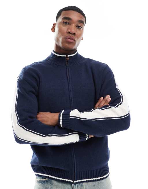 Hollister - Cardigan in maglia blu navy con pannello a contrasto sulle maniche e zip