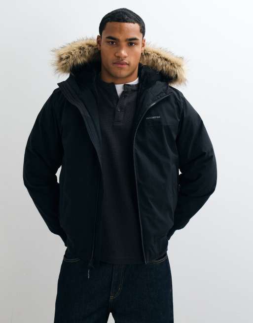 Hollister cazadora bomber extragrande con capucha con ribete de pelo en negro, 2 de 5