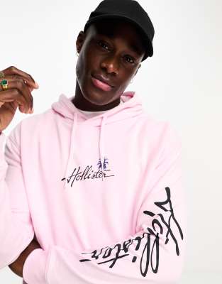 Hollister central arm and back palm print hoodie in pink