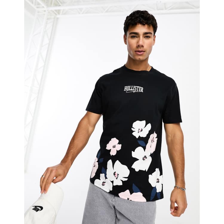 Hollister central logo cherry blossom print t-shirt in black