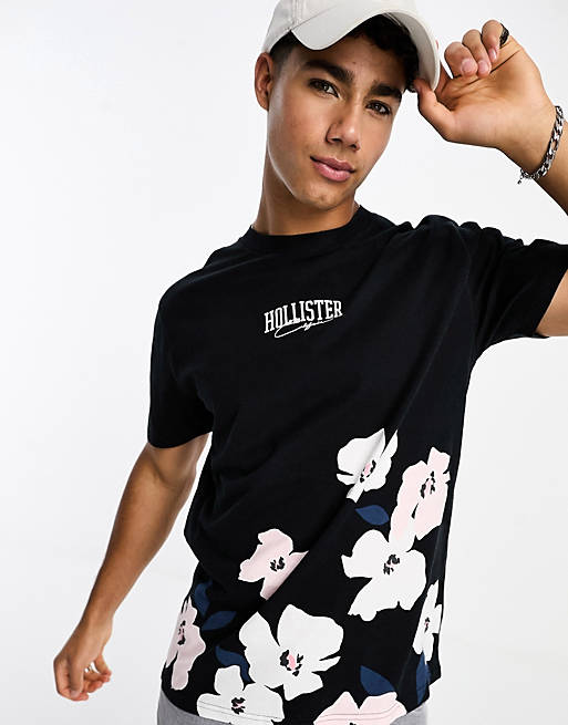 Hollister central logo cherry blossom print t-shirt in black | ASOS
