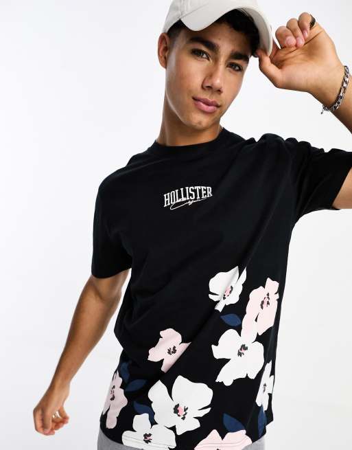 Hollister central logo cherry blossom print t-shirt in black