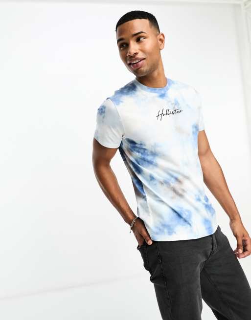 Hollister central logo tie dye wash t-shirt in blue/tan | ASOS