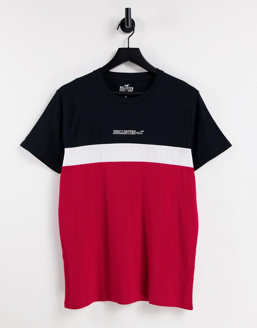 Hollister central logo tri-color block T-shirt in black/white/red-Multi