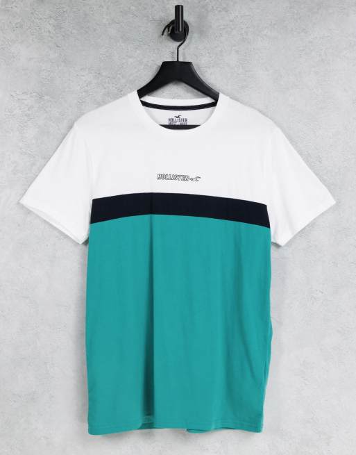 Hollister central logo tri-colour block t-shirt in white/black/green