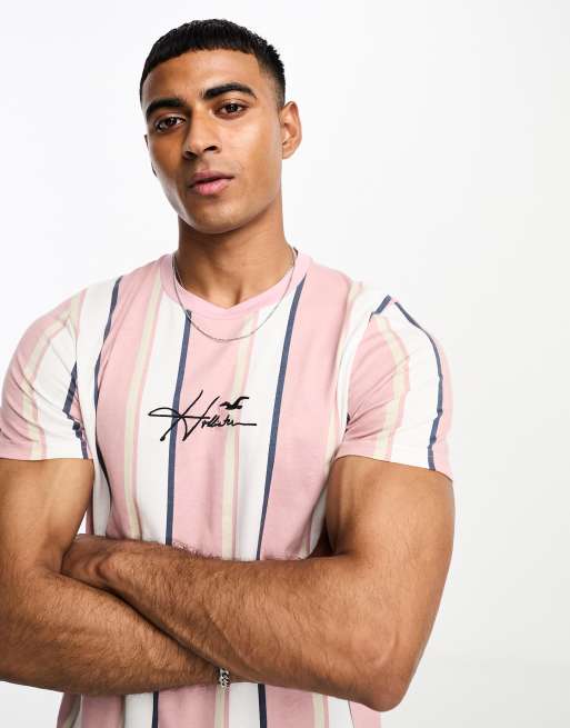 Hollister central logo verigated stripes t-shirt in white/tan/pink