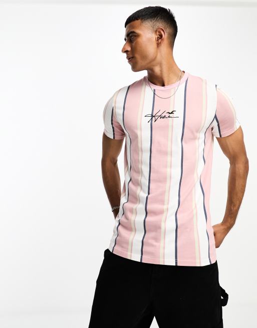 Hollister central logo verigated stripes t-shirt in white/tan/pink, 3 of 4