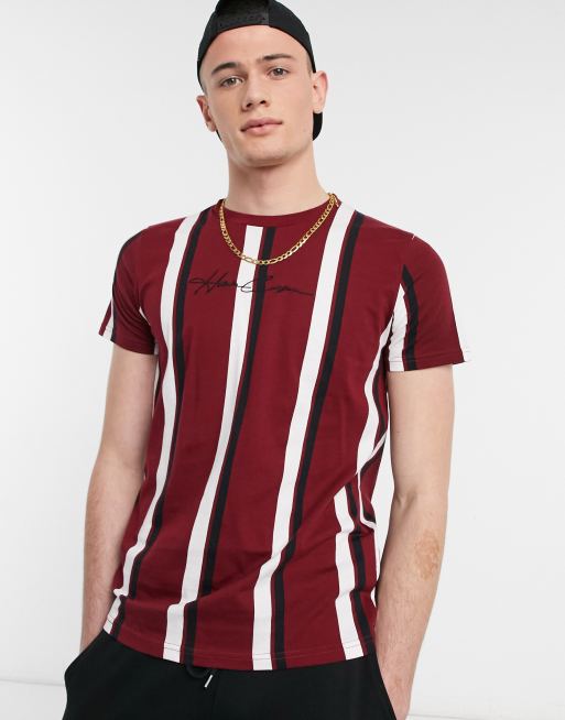 Hollister central logo vertical stripe t-shirt in burgundy