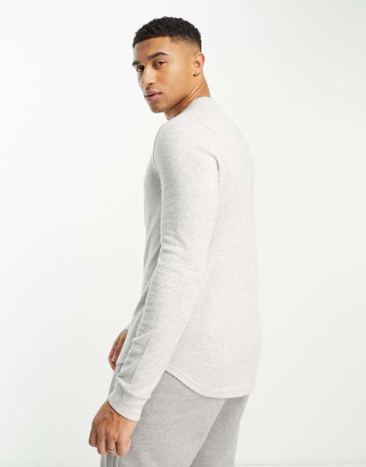 Hollister central script logo waffle long sleeve top in light grey
