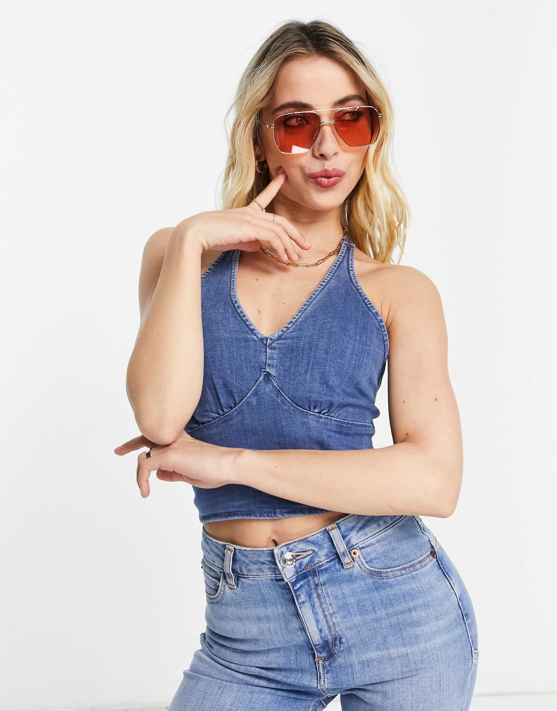 Hollister chambray halter neck top in blue view 2
