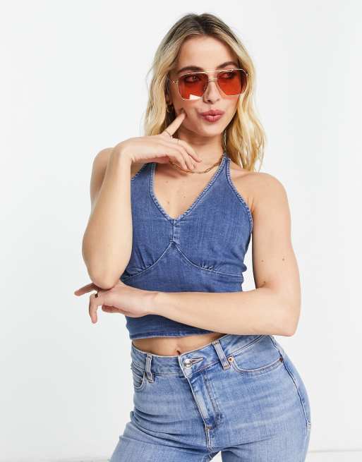 Hollister Bra Bralette Halter Crop Top Denim Chambray Crochet Adj