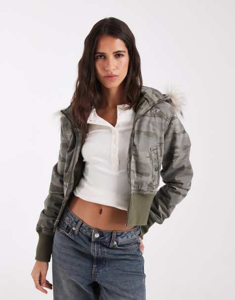 Hollister - chaqueta acolchada corta de sarga con capucha de piel sintética en camuflaje caqui - view 1