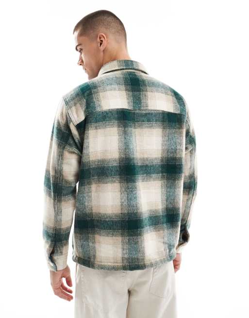 Hollister check cosy brushed flannel shacket in cream/green, 2 of 4