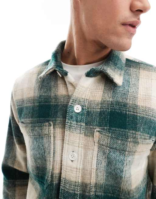 Hollister check cozy brushed flannel shacket in cream/green, 3 of 4