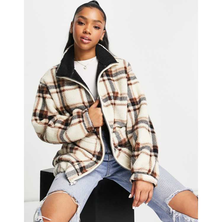 Hollister check print fleece zip up jacket in multi ASOS