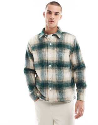 checked cozy brushed flannel shacket in cream/green-White