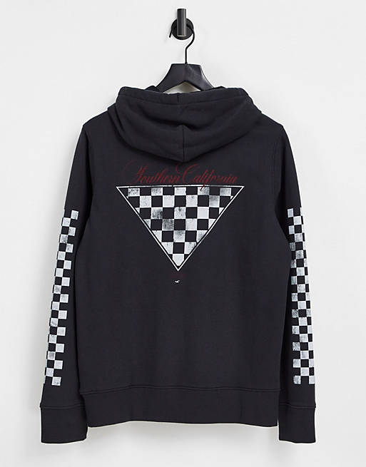 Hollister checkerboard sleeve and central logo hoodie in black
