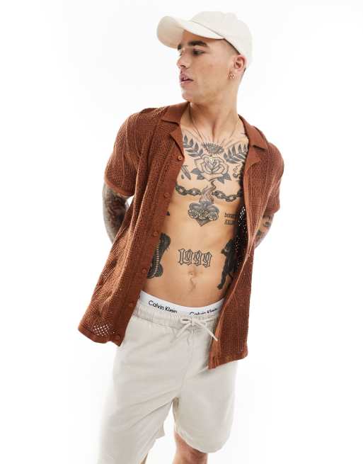 Hollister - Chemise à manches courtes en maille ajourée - Rouille