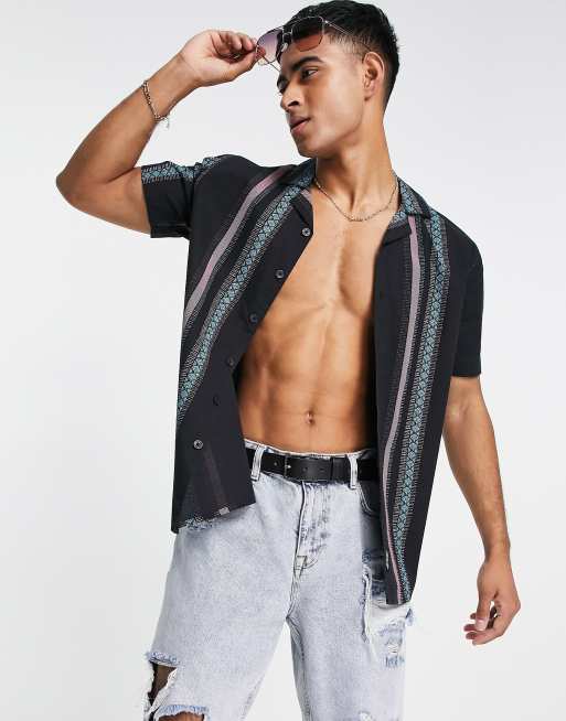 Hollister - Chemise à manches courtes et rayures style années 70 - Noir  