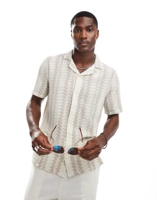 Hollister - Chemise au crochet à manches courtes et col à revers - Crème/fauve rayé