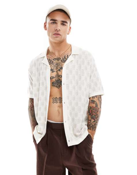 Hollister - Chemise boutonnée à manches courtes en maille à motifs - Blanc/gris - view 1