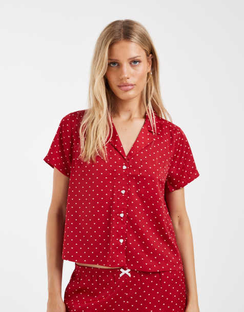 Hollister - Chemise d'ensemble de pyjama à manches courtes à pois et cœurs - Rouge - view 1