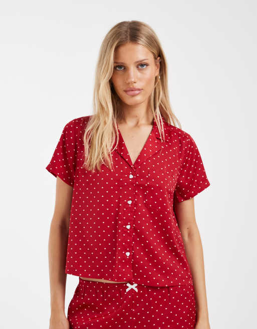 Hollister - Chemise d'ensemble de pyjama à manches courtes à pois et cœurs - Rouge, 1 de 4