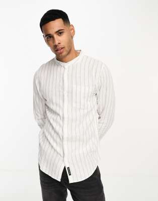 Hollister grandad collar summer linen stripe shirt in white - ASOS Price Checker