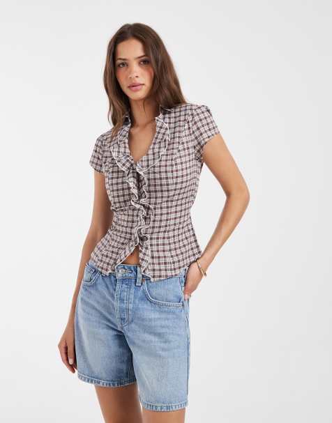 Hollister - Chemise manches courtes à carreaux avec volants sur le devant - Marron - view 1