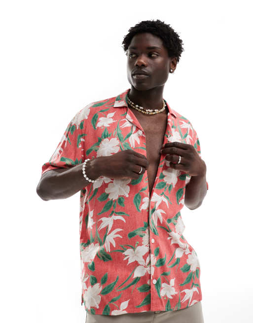 Hollister - Chemise manches courtes avec col à revers en rayonne à fleurs tropicales - Rouge