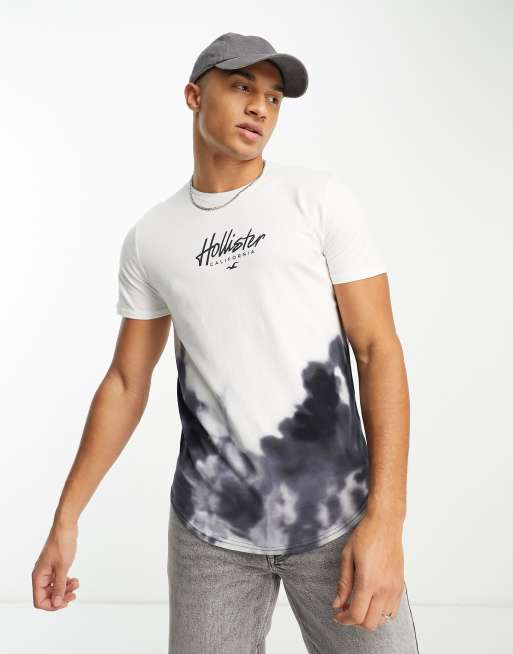 Hollister chest & back logo acid wash ombre longline t-shirt in white/black