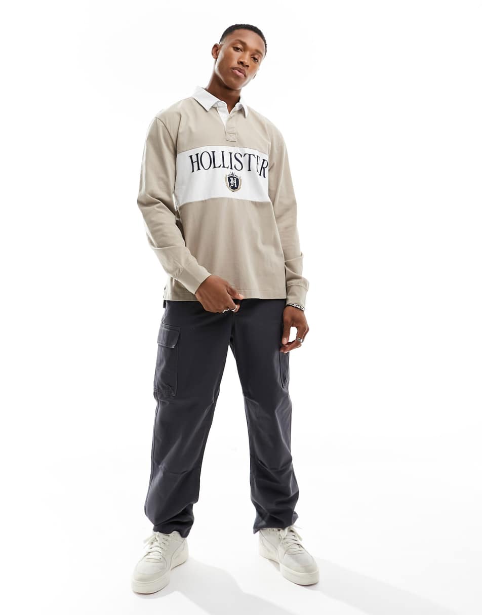 Hollister chest block crest logo heavyweight rugby polo in tan 0