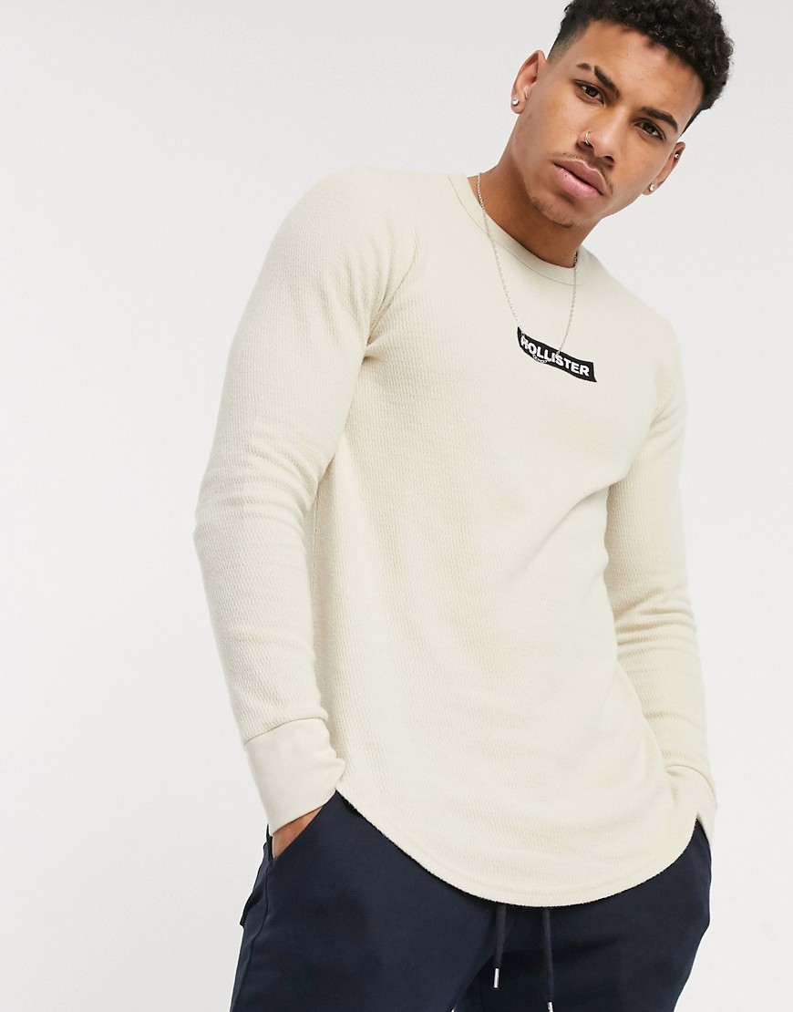 Hollister chest logo waffle long sleeve top in sand-Brown
